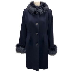 FLEURETTE MIDNIGHT FOX FUR TRIMMED WOOL COAT